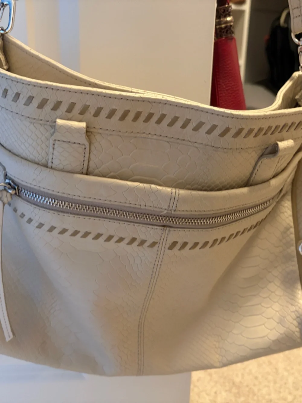Cream Textured Hobo Bag with Zip Pocket